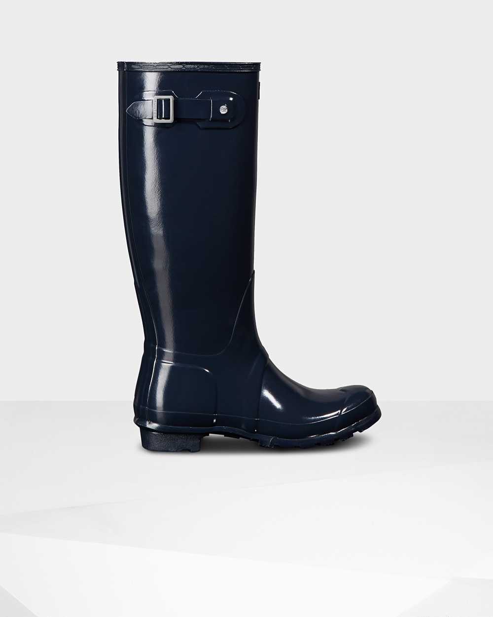 Womens Hunter Original Tall Gloss Rain Boots Navy | OFNGTP-975